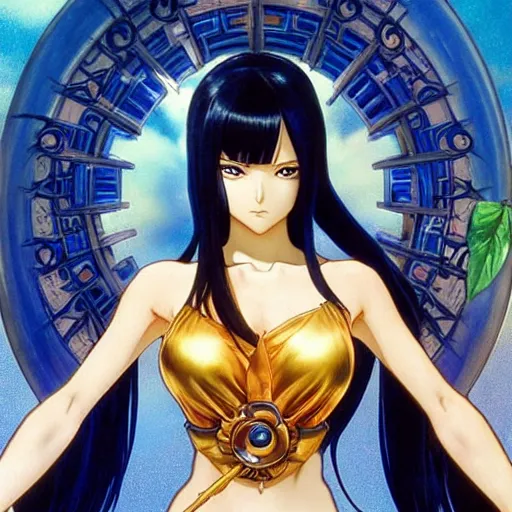 Image similar to highly detailed vfx portrait of nico robin by eiichiro oda!, makoto shinkai, alphonse mucha, sharp focus, art by artgerm and greg rutkowski!, harsh overhead sunlight, blue eyes!!, large aquiline nose!!, stanley kybric, kaoru mori, intricately detailed, best of behance,