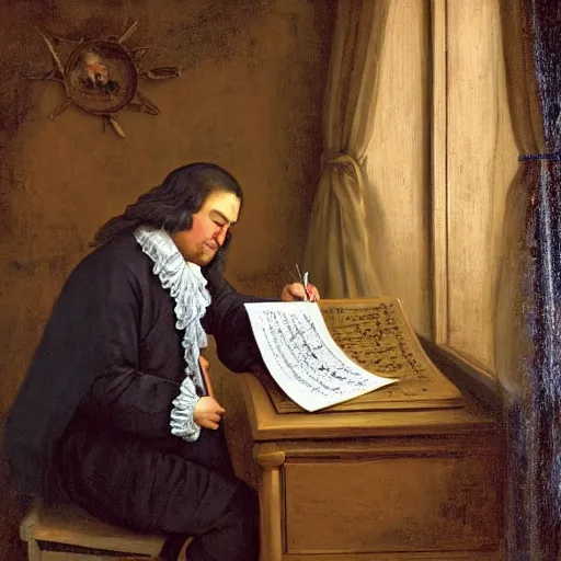 Prompt: highly detailed painting of bach writing a piece of music on a sheet of paper, he is inside of a wooden shack, 4 k resolution, by jaquis luis david, visible paint layers, renaissance.