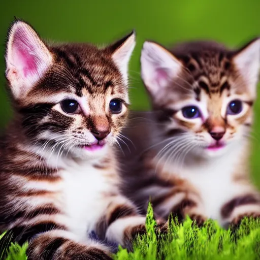 Image similar to photorealistic potrait of two kittens playing in a field of catnip, wide angle lens, bokeh filter, hyperrealism