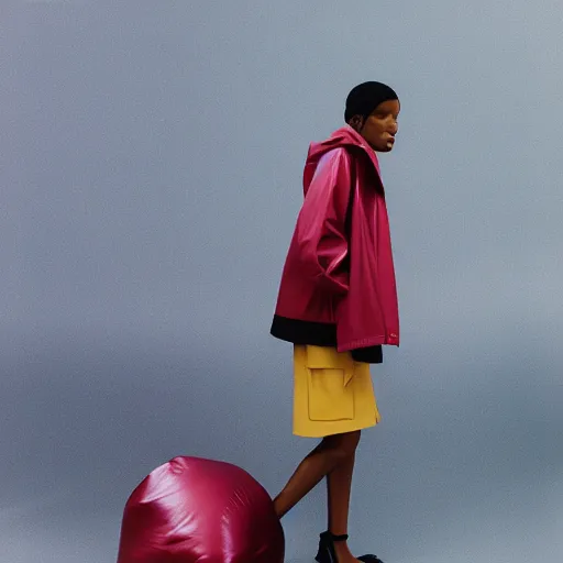 Prompt: realistic photoshooting for a new balenciaga!!! lookbook, color film photography, photo of a woman, model wears a inflated jacket, photo in style of tyler mitchell, 3 5 mm