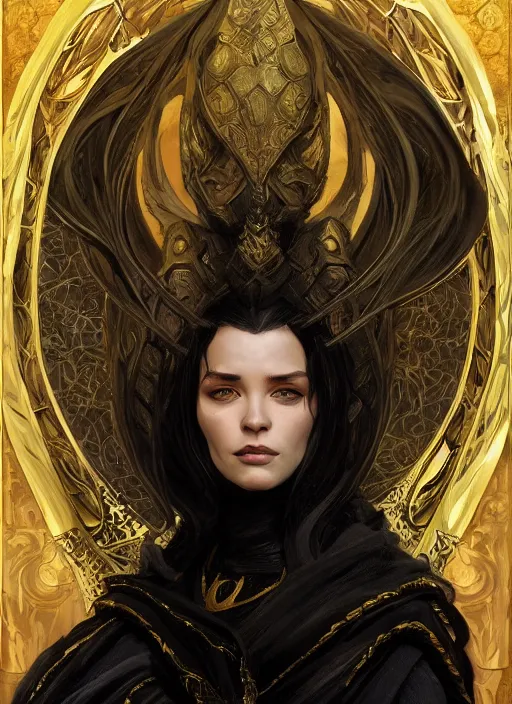 Prompt: medium-length portrait of a female dragonborn wizard with black scales and golden eyes, black dragon head, serious expression, wears a beautiful flowing dark robe, medieval setting, highly detailed, digital painting, artstation, concept art, sharp focus, illustration, art by greg rutkowski and alphonse mucha