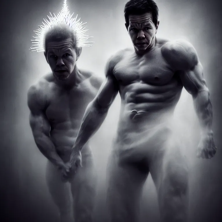 Image similar to portrait of mark wahlberg covered with ribs white mechanical spines white muscle tissue ribbed spiky horns, lucid dream - like heavy atmosphere, baroque painting, harsh flash photo, perfect composition, detailed octane render trending on artstation, 8 k artistic photography, volumetric cinematic perfect light, chiaroscuro, masterpiece, raphael, caravaggio, beksinski, rutkowsk