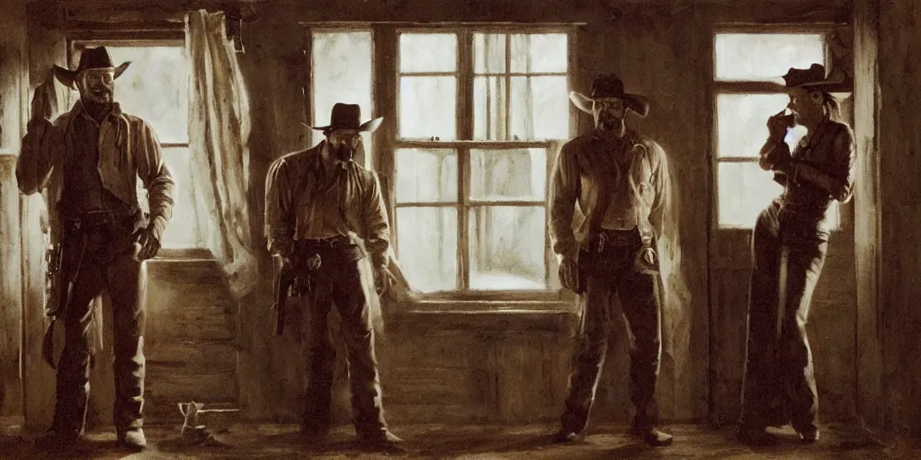 Image similar to in an old west cabin, close up portrait of beautiful Mila Jovovich (alone) in the doorway (left) and Dave Bautista cowboy standing ((alone)) at the window (right), arguing, in the style of Fredrick Remington, oil painting, cinematic