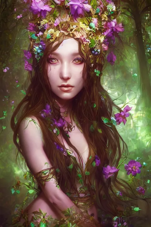 Prompt: portrait of a magical nymph druid in the forest wearing a magical flower dress, full body shot, highly detailed dramatic lighting fantasy artstation artgerm