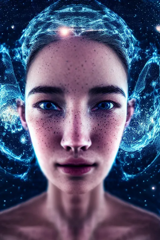 Image similar to intricate hyper detailed ultra sharp 3 d render, unsplash transparent fractal, galaxy in the background, intricate details, human face, facial features, elegant, hyper realistic, ultra detailed, octane render, volumetric cinematic lighting, 8 k post - production