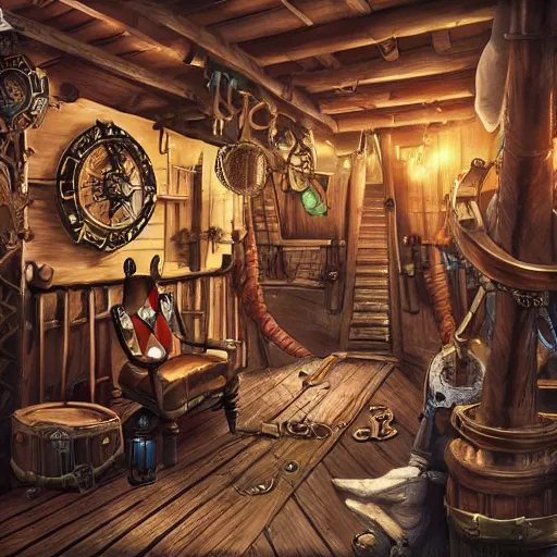 Prompt: interier view of award - winning pirate themed escape room set on the deck on pirate ship from 1 7 2 0. steampunk and magical colors. trending on artstation, realistic.