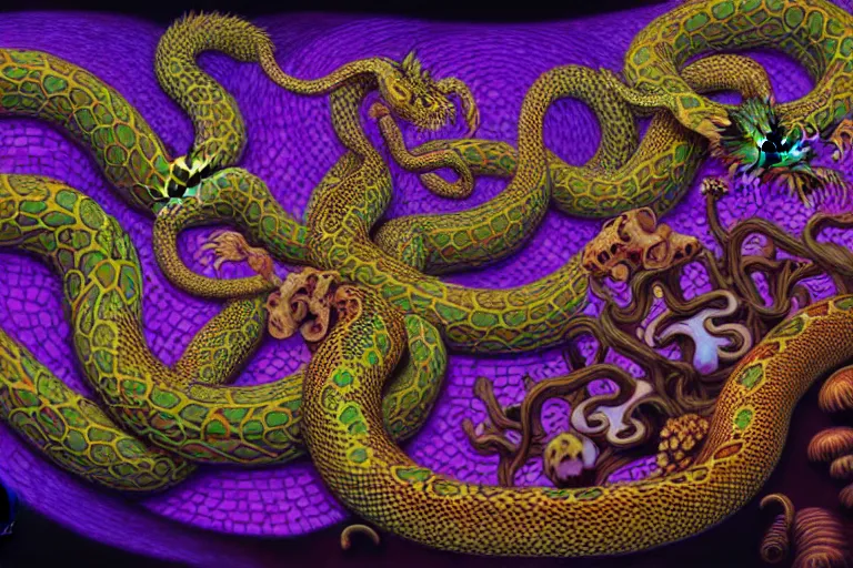 Prompt: a detailed digital art painting of a cellshaded cyberpunk ornate magick oni dragon with occult futuristic effigy of a beautiful field of mushrooms that is a adorable leopard atomic latent snakes in between ferret biomorphic molecular psychedelic hallucinations in the style of escher, alex grey, stephen gammell inspired by realism, symbolism, magical realism and dark fantasy, crisp