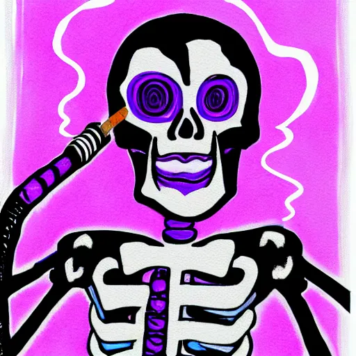 Prompt: a skeleton wearing a business suit with light purple lines on it and smoking a glowing purple cigar with glowing eyes, digital painting, portrait