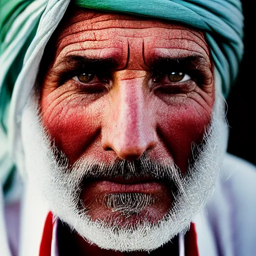 Image similar to portrait of president donald trump as afghan man, green eyes and red turban looking intently, photograph by steve mccurry