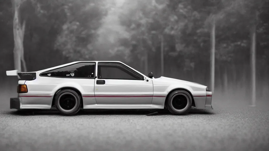 Image similar to a 1 9 8 3 takumi fujiwara's toyota ae 8 6 with carbon hood from initial d anime, cinematic, nikon d 7 5 0, long exposure, white balance, 8 k, led, lumen global illumination, fog, ray tracing reflections, fxaa, rtx, post - production