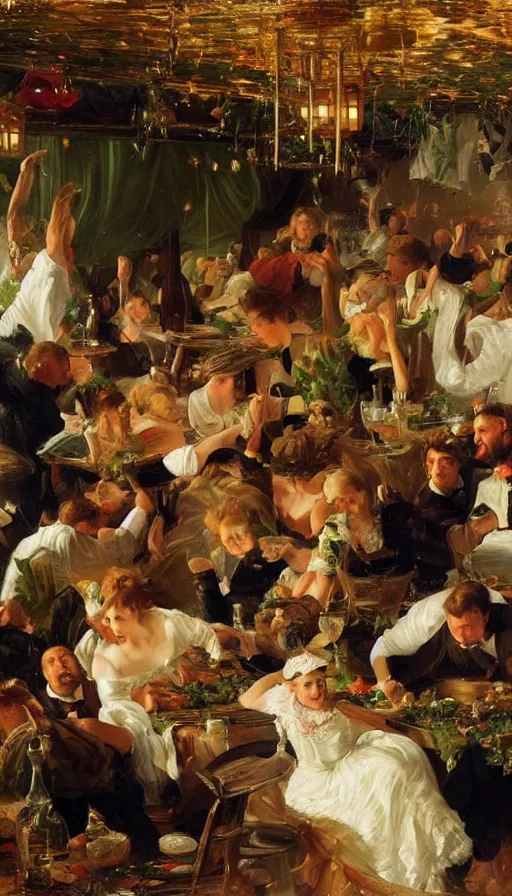 Image similar to still life painting of midsummer party getting hit by hurricane, by Peder Krøyer, golden hour, dramatic lighting, epic, gargantuan, intricate detail, canvas print