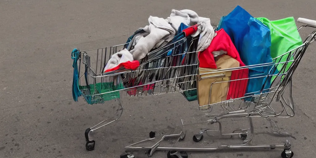 Image similar to a homeless person's shopping cart filled with dirty belongings, photorealistic