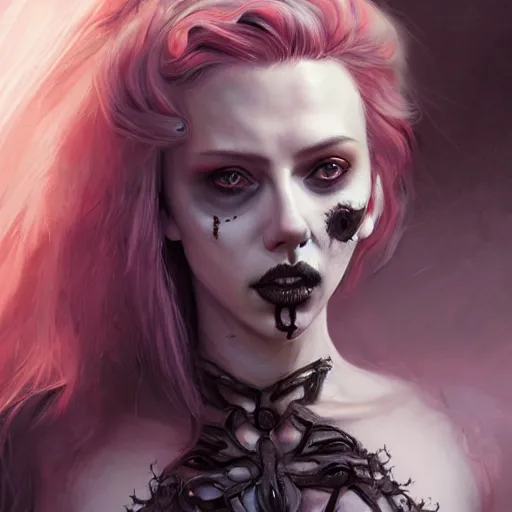 Image similar to detailed portrait of scarlett johansson as a cute undead zombie goth monster girl, beautiful, fantasy, intricate, elegant, highly detailed, digital painting, artstation, concept art, matte, sharp focus, illustration, art by aenaluck, artgerm and roberto ferri and greg rutkowski, epic fantasy, digital painting