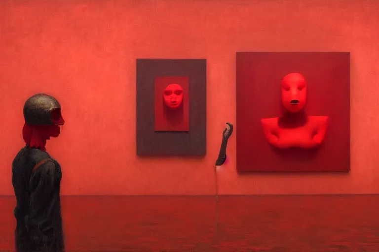 Prompt: only with red, red art thieves with disney masks, in a museum with contemporary art paintings, in the style of beksinski, parts by edward hopper, parts by rodcenko, parts by yue minjun, intricate and epic composition, red by caravaggio, insanely quality, highly detailed, masterpiece, red light, artstation, 4 k