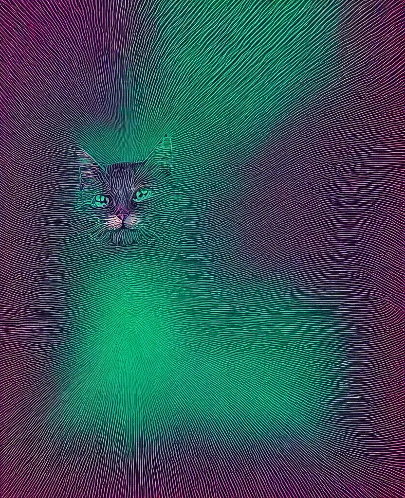 Prompt: the shape silhouette of a fluffy cat, stacked plot of radio emissions from a pulsar, abstracted light refractions and stripy interference, making up a cat isolated on black, highly detailed high resolution, silk screen t-shirt design in the style of FELIPE PANTONE 4K