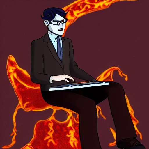 Image similar to a demon programmer gentleman ~ using a laptop ~ lava background ~ sitting on a chair ~, 4 k, ultra hd