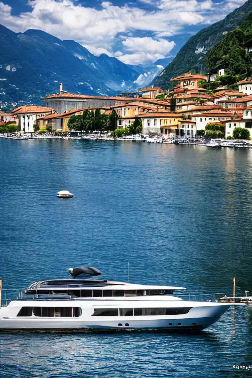 Image similar to Photo of a Riva Aquarama docked in Lake Como, with Lake Como in the background, wide shot, daylight, blue sky, summer, dramatic lighting, award winning, highly detailed, 1980s, luxury lifestyle, fine art print, best selling.