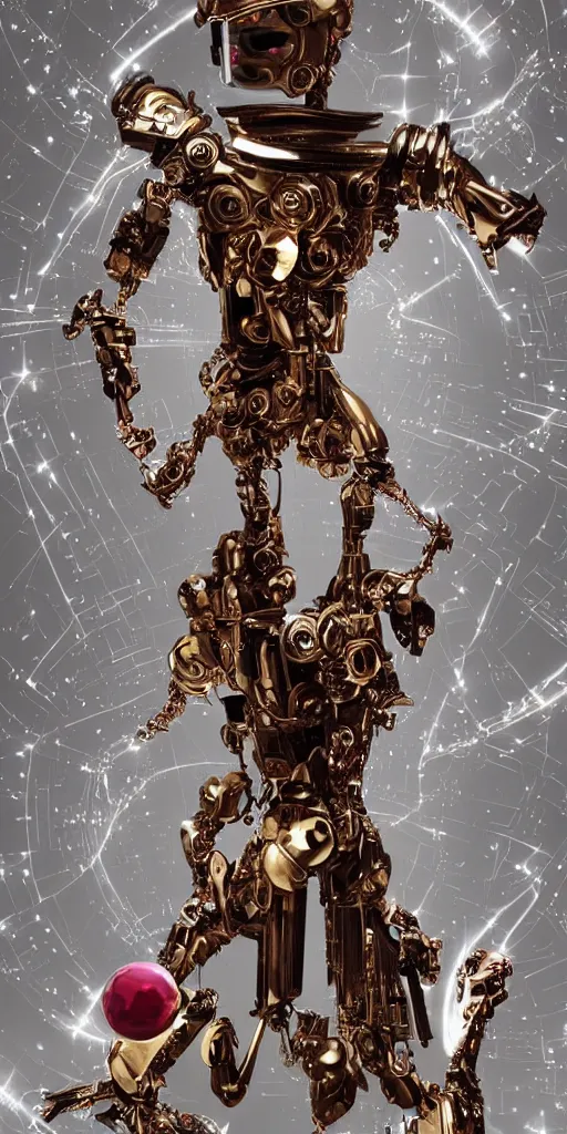 Image similar to baroque and cyberpunk style full-body sculpture of a young seductive Hispanic prince half android with a chest exposing a glowing ruby battery with porcelain arms posed like a model, glowing gold laser eyes, crown of white gears and sparkling diamonds, swirling white-colored silk fabric, robot dinosaurs. modern elements. reflective surfaces. intricate artwork by caravaggio. art by Artgerm and Alphonse Mucha, Trending on artstation, cinematic industrial lighting, photorealistic, octane render, 8k, depth of field, 3D