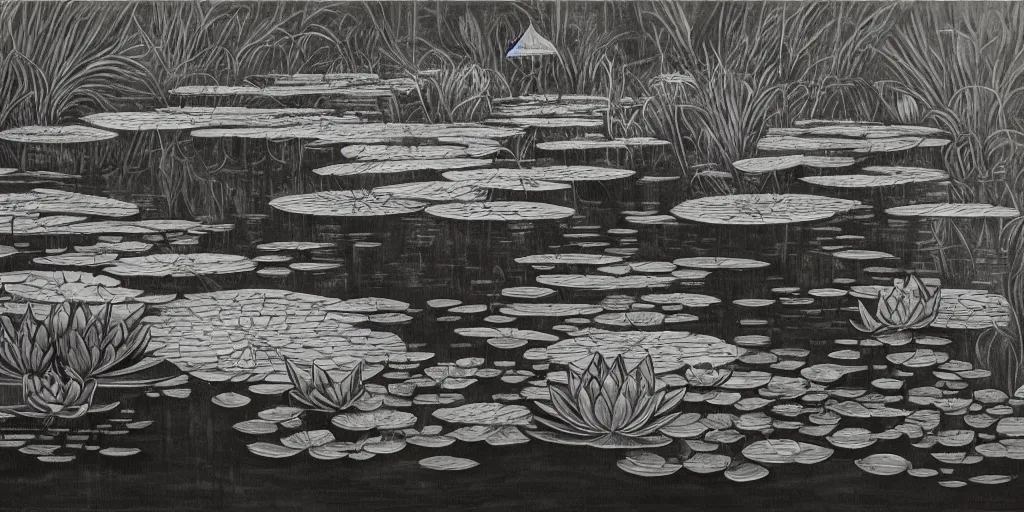 Image similar to a beautiful painting of waterlily pond by aaron horkey, trending on artstation