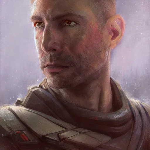 Prompt: portrait of a man by greg rutkowski, a jedi commander, british features, short copper hair, straight jaw, wise appearance, wearing the tactical gear of the galactic alliance, star wars expanded universe, he is about 4 0 years old, highly detailed portrait, digital painting, artstation, concept art, smooth, sharp foccus ilustration, artstation hq