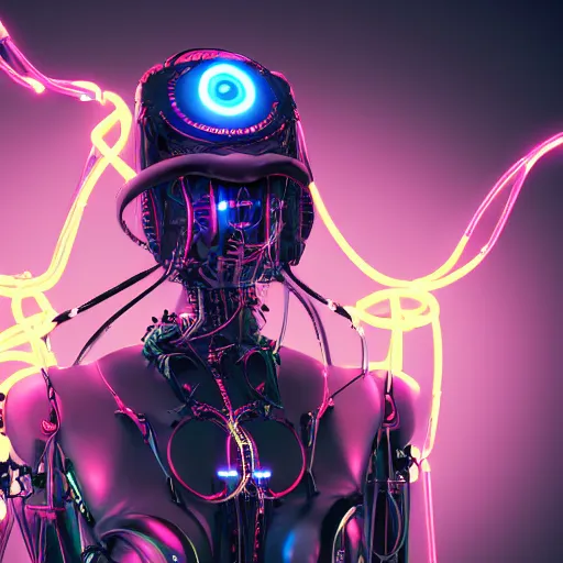Prompt: neon veins pulsing through a robotic human, steampunk style, 4 k