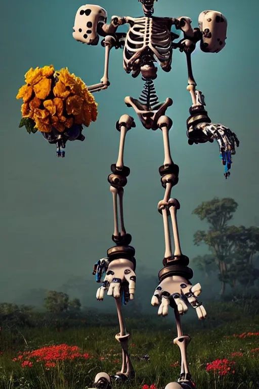 Image similar to a skeletal, mickey mouse made out of flowers and bones, walking with a robot, in the cyberpunk countryside by beeple, nychos and arcimboldo, highly detailed octane render