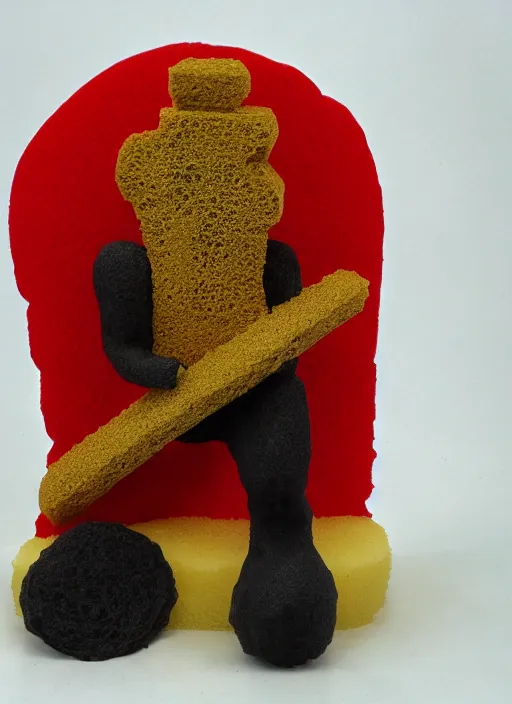 Image similar to sponge sculpture of an ancient warrior, red and black and gold theme