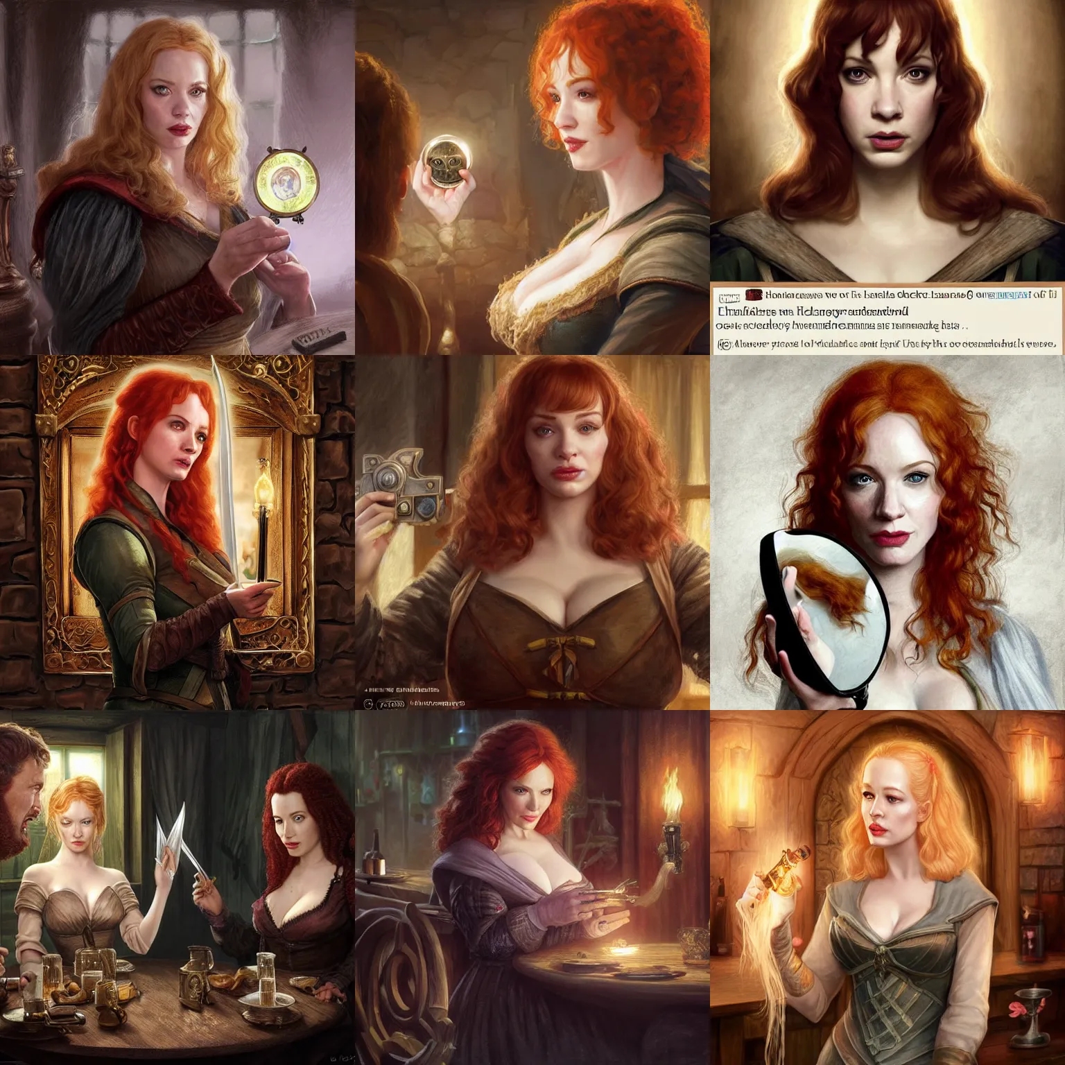 Prompt: shocked christina hendricks in a tavern, holding a small hand - mirror, shocked expression on her face, she is shocked, surprised, confused, warhammer, lord of the rings, intricate, highly detailed, digital painting, artstation, concept art, smooth, sharp focus, illustration, unreal engine 5, 8 k, art by artgerm and greg rutkowski and alphonse mucha