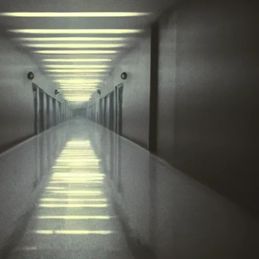 Image similar to dolly zoom stretch shot of a impossibly long hallway, moody lighting, smoke effects, strobe lights, particle effects, atmospheric - h 6 4 0