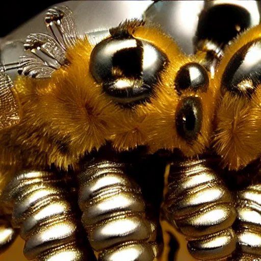 Prompt: portrait of four 3d bees made of metal, shiny, performing onstage like the Beatles