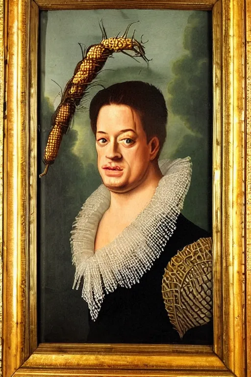 Image similar to a 1 6 0 0 s framed portrait painting of brendan fraser holding corn, intricate, elegant, highly detailed