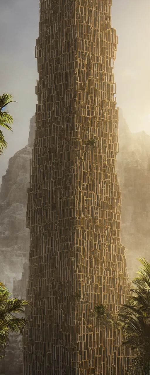 Prompt: pencil sketch of one building, golden facade babylon tower, sacred ancient architecture, hanging gardens, cascading highrise, arid mountains with lush palm forest, sunlight, post - production, octane, cgi, sfx, beautiful dynamic lighting, cinematic, extremely high detail, photo realistic, cinematic lighting, 8 k