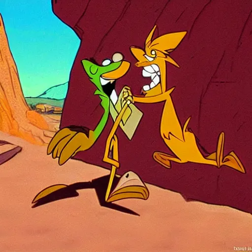 Prompt: wile e coyote finally catching roadrunner