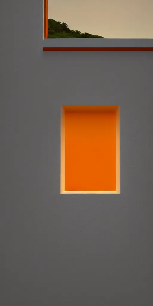 Image similar to a giant orange and yellow crystal on a white table near a window at sunset, hyperrealistic, highly detailed, high qualit, 8K, godrays, warm lighting, path traced, high coherence, calm, macro photo, symmetrical, photorealistic, low contrast, serene landscape, beautiful, geometric