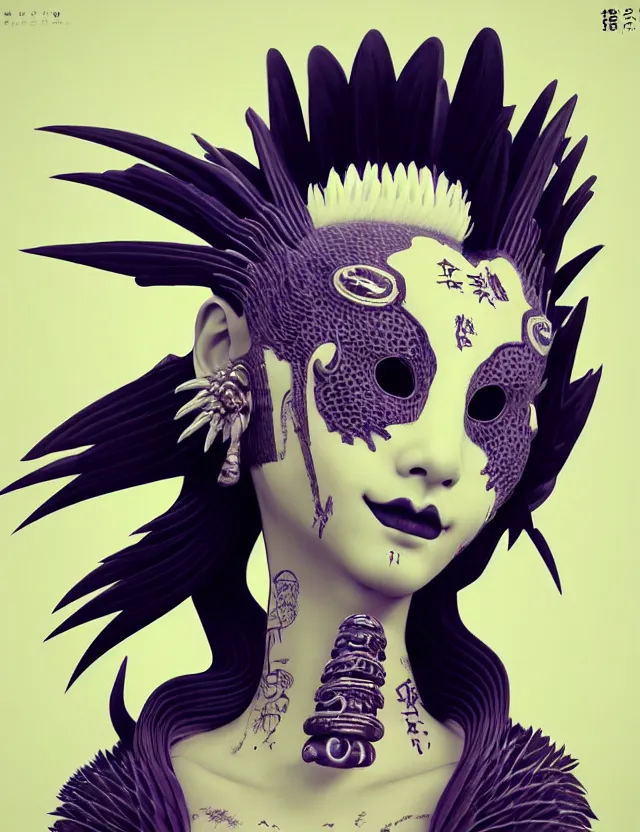 Image similar to 3 d goddess close - up profile portrait punk with mohawk with ram skull. beautiful intricately detailed japanese crow kitsune mask and clasical japanese kimono. betta fish, jellyfish phoenix, bio luminescent, plasma, ice, water, wind, creature, artwork by tooth wu and wlop and beeple and greg rutkowski