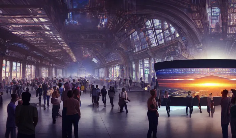 Prompt: crowd of people in large open museum, looking at hologram of futuristic metropolis on a table, cinematic concept art, godrays, golden hour, natural sunlight, 4 k, clear details, tabletop model buildings, center model buildings, hologram center, crane shot, wide shot, high shot