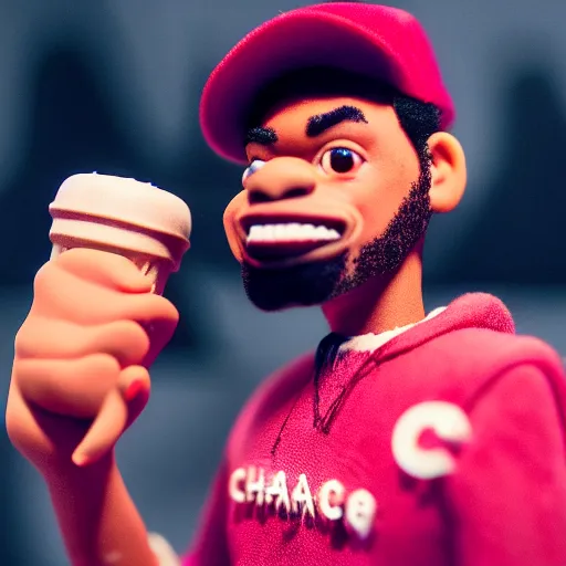 Image similar to a cinematic film still of a claymation stop motion film starring chance the rapper as a college student, shallow depth of field, 8 0 mm, f 1. 8