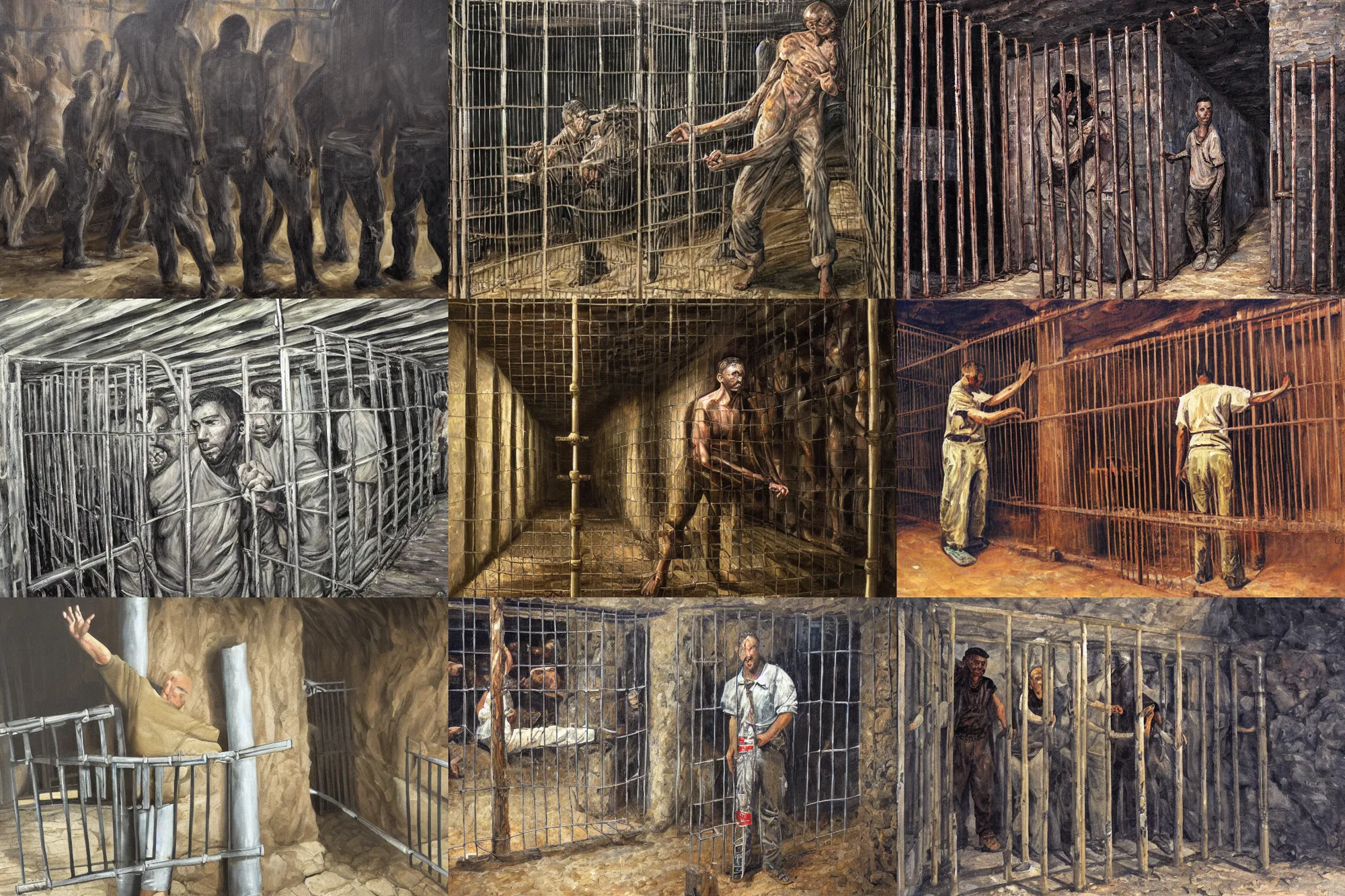 Image similar to ultra wide full length painting of a prisoner holding prison bars, cave prison, highly detailed, high resolution, oil in canvas