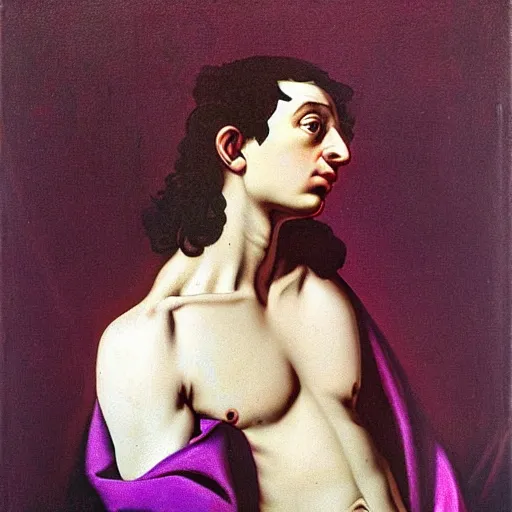 Prompt: painting by caravaggio!! male cyborg body profile cyberpunk neon metal glow red purple black