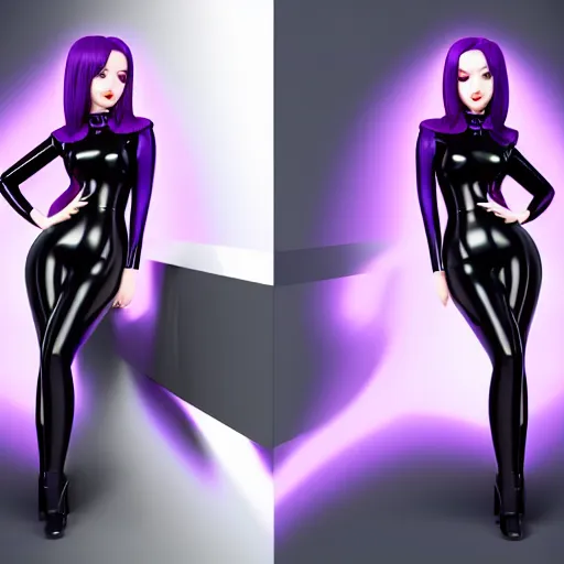 Prompt: curvy feminine hot goth cutie in a sublime elegant polished black latex neck-high outfit with purple trim, thin waist, cgsociety, photorealistic, comfy ambience, idealistic, 16k, smooth, sharp focus, trending on ArtStation, volumetric lighting, fully clothed, worksafe