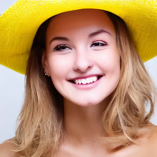 Image similar to portrait of a smiling 2 0 - year - old woman with angle lost profile nails pretty face, medium yellow blond hair, character with a hat, hair comes out of the hat a little