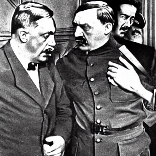 Image similar to viktor orban, hitler and stalin take part in a farting contest 1 9 4 4, nazi propaganda art, colored, highly detailed