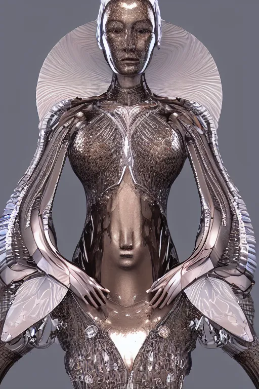 Image similar to a highly detailed 4 k render of a beautiful angel alien goddess bella hadid in iris van herpen dress armor schiaparelli in diamonds in style of alphonse mucha trending on artstation made in unreal engine 4