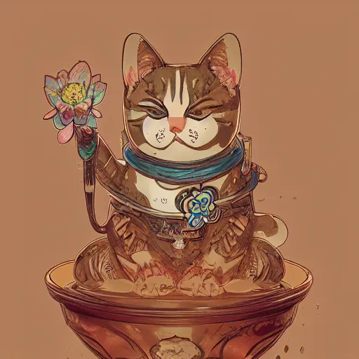 Image similar to A cute maneki neko waving, flowers around, D&D, fantasy, intricate, cinematic lighting, highly detailed, digital painting, artstation, concept art, smooth, sharp focus, illustration, art by Akihiko Yoshida, Greg Rutkowski and Alphonse Mucha