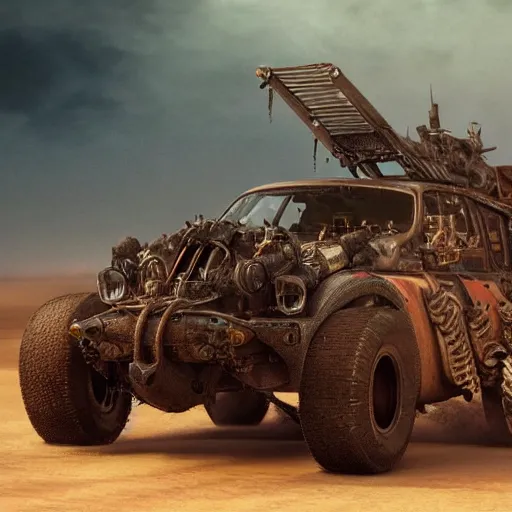 Prompt: mad max vehicles made out of ork technology from warhammer 40k, au naturel, hyper detailed, digital art, trending in artstation, cinematic lighting, studio quality, smooth render, unreal engine 5 rendered, octane rendered, art style by klimt and nixeu and ian sprigger and wlop and krenz cushart