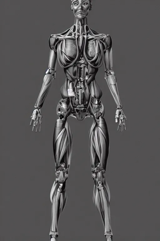 Image similar to full body female human anatomy concept, medical anatomy, cybernetic implants, gun metal grey, mecha limbs, muscular system reference, terminator tx, anatomical art, digital art, in the style of aaron sims, amanda lilleston, luka mivsek, bryan christie, ranjit ghosh, artstation, pinterest, deviantart, photoshop, octane render, unreal engine