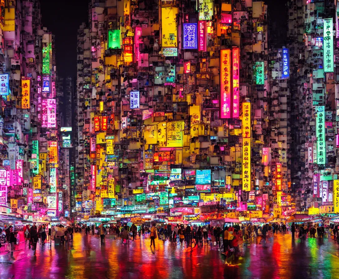 Image similar to neo hong kong, rainy atmosphere, night time, bright lights, colorful signs, busy streets, high res, kowloon