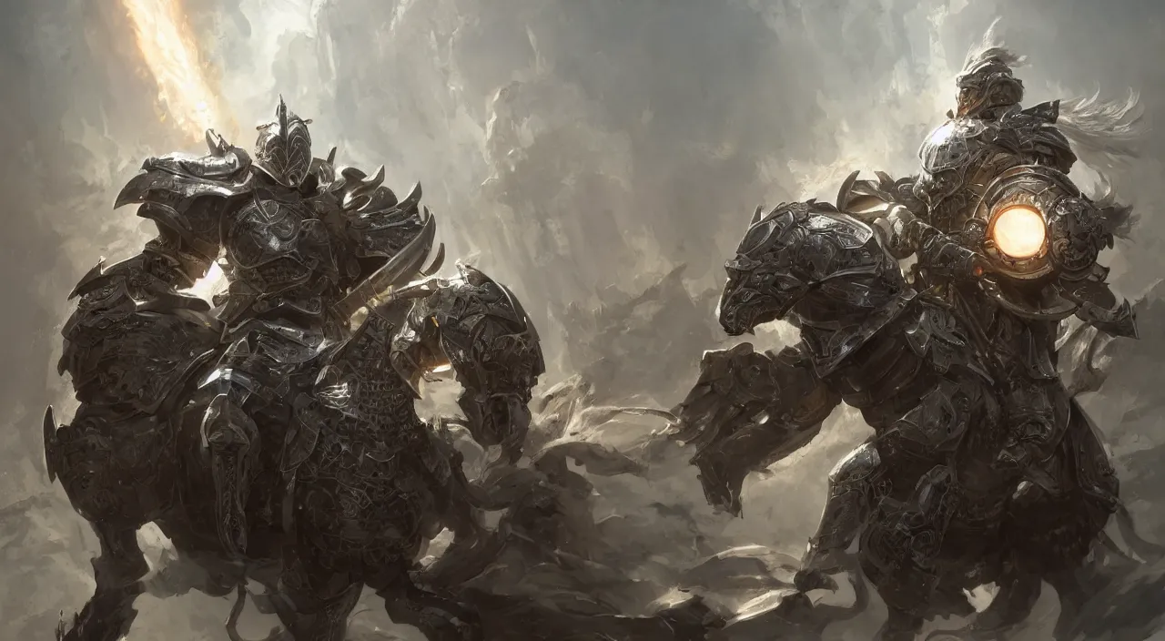 Image similar to Detailed paladin, completely covered in pristine silver armor, charging thorough a battlefield while glowing with radiant light, sun beaming down on him, intricate, highly detailed, digital painting, artstation, concept art, sharp focus, illustration, art by greg rutkowski and Ross Tran