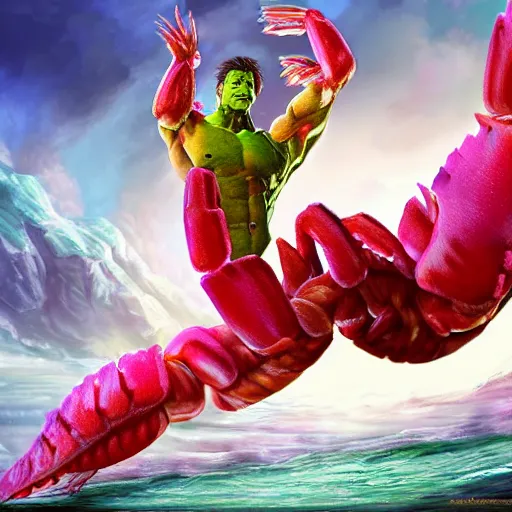 Prompt: a detailed portrait of a huge pink shrimp crustacean mixed with the incredible hulk, ultra realistic digital artwork, dramatic lighting, fighting pose - n 4