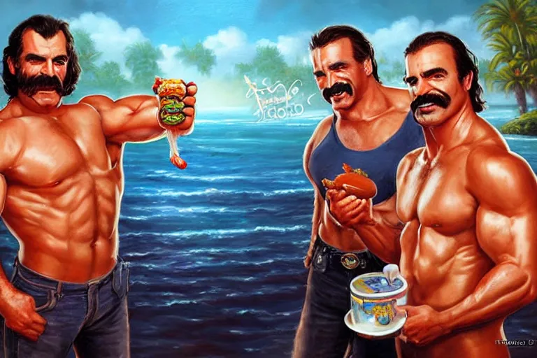 Image similar to portrait of wwf rick rude and wwf jake roberts sharing hotdogs, an oil painting by ross tran and thomas kincade